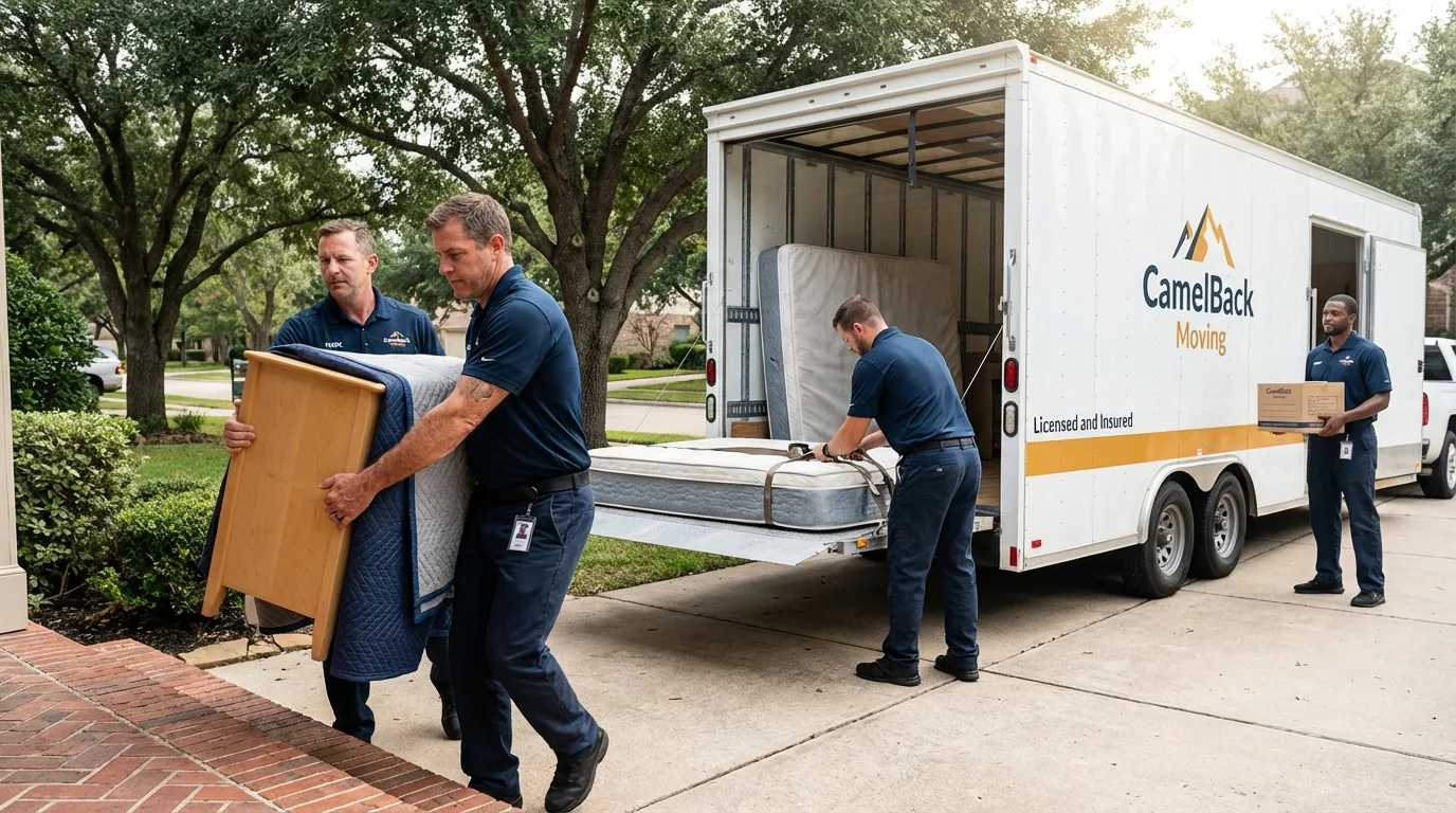 Crew loading residential truck for cross-state move from Jefferson, WI