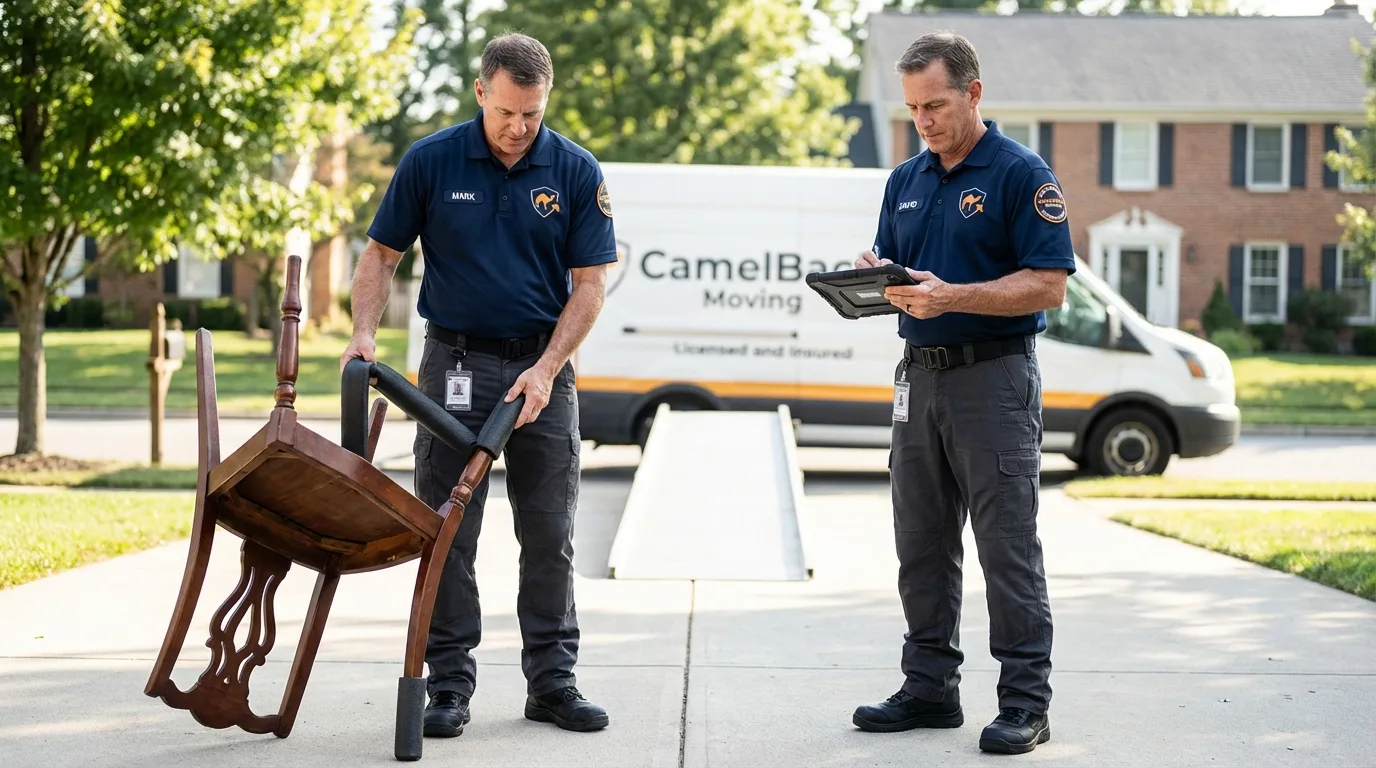 Movers inspecting furniture for damage prevention before loading in Jefferson, WI