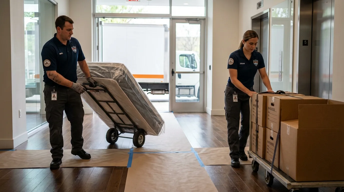 Professional apartment movers loading elevator in Jefferson, WI