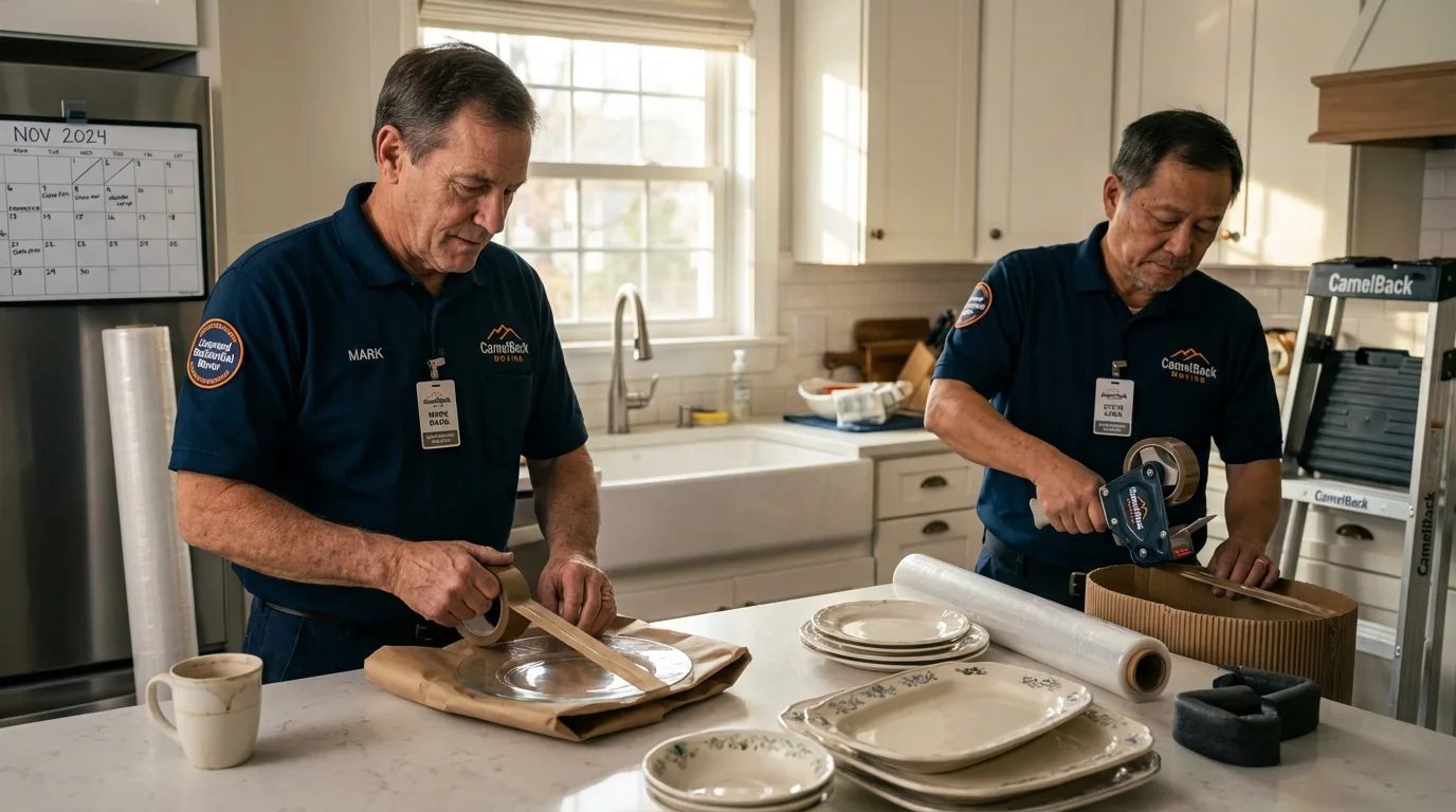Professional crew packing kitchen dishware in Jefferson, WI